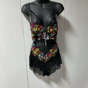 Black Lace Green Pink Yellow Embroidered Lingerie Set